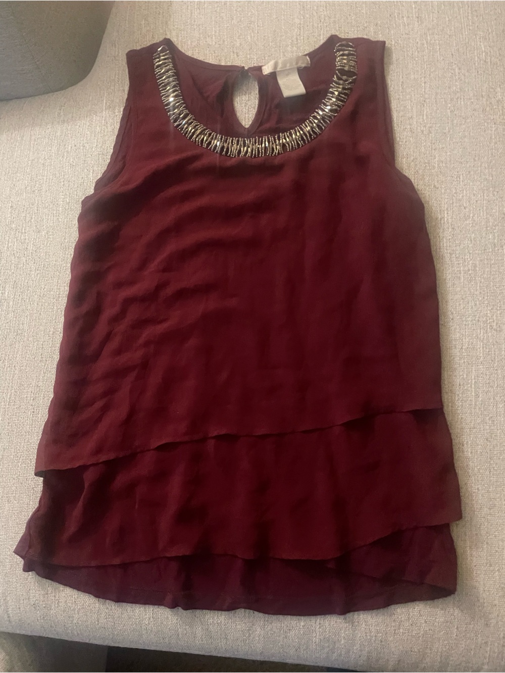 Sleeveless Burgundy Dress with Embellished Neckline